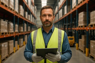 Confident warehouse supervisor using a digital tablet among towering shelves and pallets in a modern logistics center with warm industrial lighting