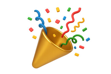 Golden party popper emoji bursting vibrant confetti and streamers isolated on transparent background glossy 3D render festive celebration icon