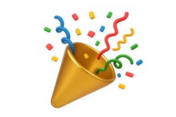 Golden party popper emoji bursting vibrant confetti and streamers isolated on transparent background glossy 3D render festive celebration icon