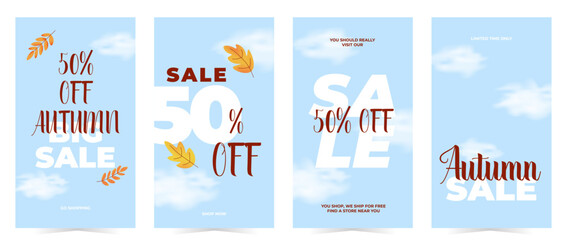 Set of vertical tags, labels, banners with autumn blue sky, clouds, foliage and sale messages. Perfect for social media promotions. Vector illustration