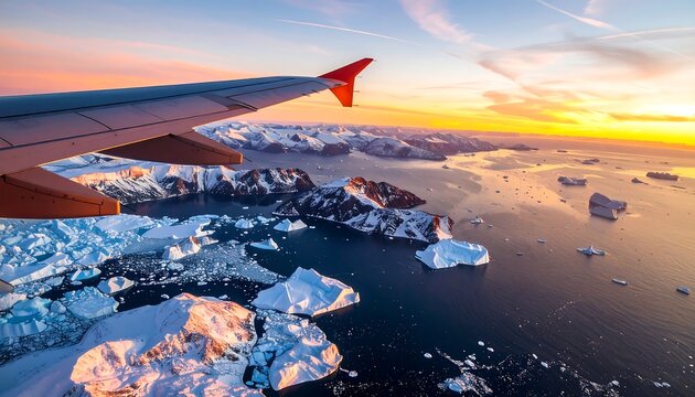 Aerial View of Greenlandic Icebergs at Sunset