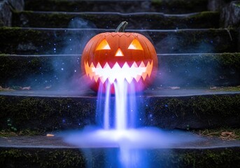 A glowing halloween pumpkin with smoke sits on mossy stairs creating a spooky and magical atmosphere