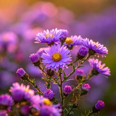 Obraz premium Vibrant purple flowers bathed in golden light