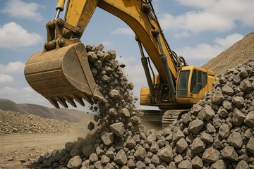 Powerful excavator digging and moving heavy rocks at a construction or mining site