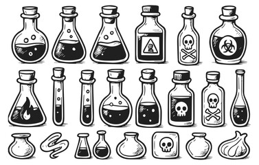 Poison and potion bottle doodle collection isolated on transparent background, generative ai