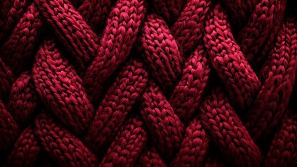 Close-up of a burgundy knitted woolen fabric with intricate braid patterns and textures background - Powered by Adobe