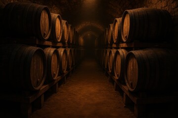 Historic stone cellar lined with rows of oak barrels aging fine wine warm amber lighting and rich wood textures authentic artisan winery atmosphere