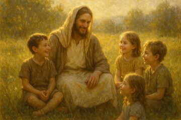 Gentle teacher guiding joyful children in sunlit meadow inspired by classical oil painting style warm compassionate storytelling scene