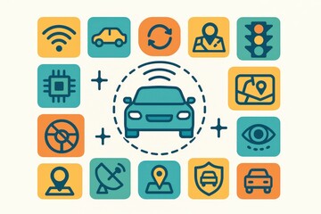Naklejka premium Innovative automotive technology illustrated through interconnected symbols showcasing navigation, safety features, and digital communication in a constantly evolving vehicle landscape