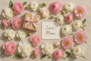Mothers Day floral flatlay with gift box ribbon and handwritten card on linen backdrop pastel bouquet arrangement for heartfelt celebration mockup
