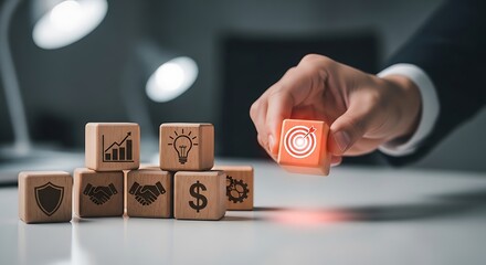 Achieve business goals by setting strategic targets with wooden blocks and icons for creative problem solving