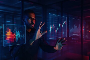 Futuristic cybersecurity trader analyzing holographic market graphs at night with neural data streams and glowing server racks in a sleek glass office