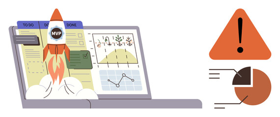 Rocket launch from laptop symbolizing a product launch next to flowcharts, pie chart, and warning sign. Ideal for project management, teamwork, growth, planning, analysis startup. A simple flat