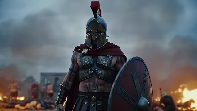 Spartan Warrior in Full Armor with Shield Stands Firm in Battlefield Under Cloudy Sky