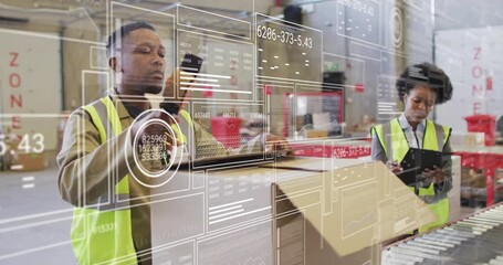 Male warehouse worker using scanner and rotating item while colleague checking AR data for shipment - Powered by Adobe