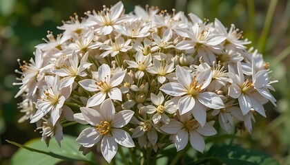 Obraz premium Close up of a beautiful cluster of white flowers with yellow centers in natural sunlight outdoors