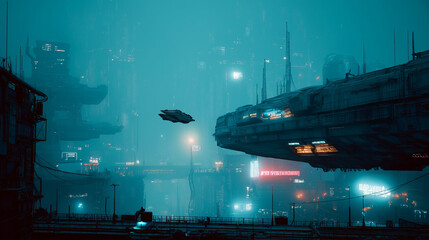 futuristic cyberpunk city at night with neon lights and flying car

