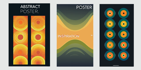 Collection of three abstract posters with geometric and wavy designs in warm and cool tones