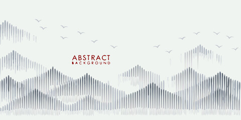 Abstract minimalist mountain landscape with birds flying in the sky watercolor style