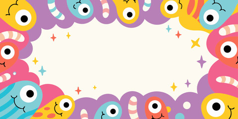 Whimsical cartoon monsters border with stars and copy space on cream background