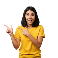 Surprised young woman in yellow t shirt pointing to the side isolated on transparent background