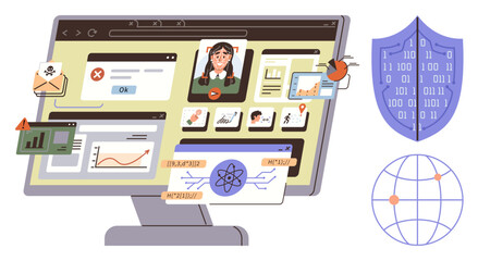 Computer screen with folders, graphs, video calls, and alerts, alongside shield and globe. Ideal for technology, data protection, IT security, online threats privacy digital safety innovative