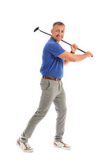 Mature man playing golf on white background