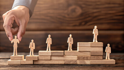 Inspirational coaching with guiding mentor concept. A hand placing a figure on a wooden structure symbolizing growth.
