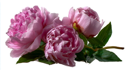 Beautiful pink peonies isolated on a white background, a floral bouquet with green leaves