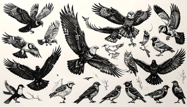 Detailed black and white ink drawings of various birds in flight and perched