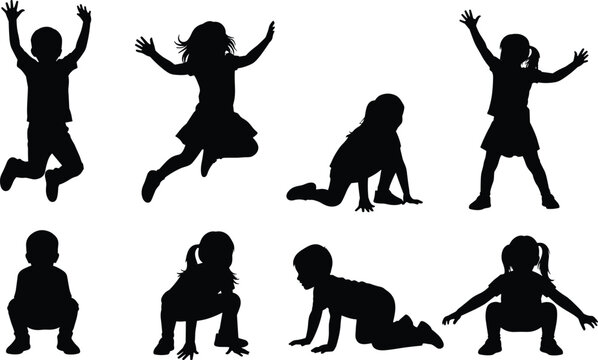 Children silhouette in dynamic poses, jumping, squatting, kneeling, playful movement, isolated black figures, active kids, motion study, expressive gestures