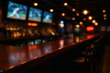 Obraz premium Warm sports bar ambiance with polished wooden counter and blurry action on multiple TV screens perfect backdrop for drink product placement