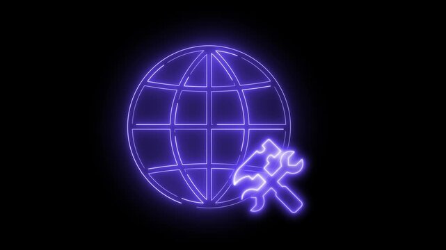 Neon light effect animation of a globe icon with crossed tools