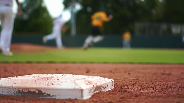 Ground Level View Of White Base And Baseball Players In Action Under Natural Light