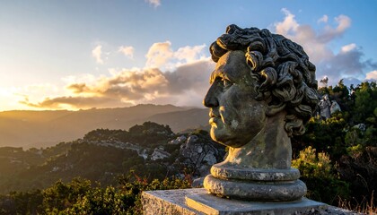 Bust overlooking a mountain range at sunset