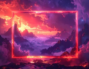 Colorful mountain range framed by glowing light