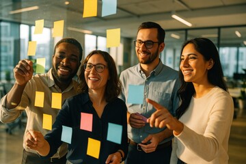 Diverse team brainstorming in a bright glass walled office arranging colorful sticky notes on a transparent board with sunlit reflections and city view