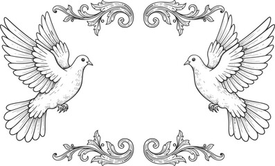 Naklejka premium Vintage hand-drawn flying doves illustration with decorative floral elements, peace symbol, detailed bird sketch, artistic line art design.