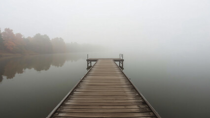 Fototapeta premium Wooden bridge in the river, filled with forest mist