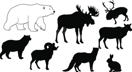 Fototapeta premium Wild animal silhouettes including polar bear, moose, reindeer, ram, rabbit, fox, black bear, forest wildlife vector illustration