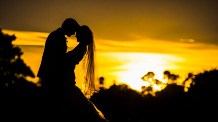 Bride and groom silhouetted against a sunset, capturing a romantic wedding moment.
