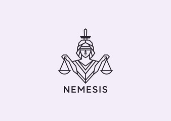 A geometric line art logo of Nemesis holding scales of justice, symbolizing fairness, balance, and divine retribution