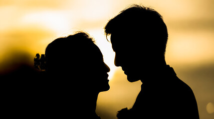 Bride and groom silhouetted against a sunset, capturing a romantic wedding moment.
