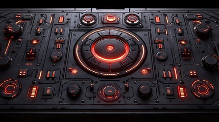 Fototapeta premium Futuristic Control Panel Glowing Red Lights on SciFi Tech Design with Dark Background.