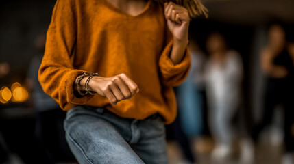 Living room dance, blurry motion, colorful ambient light