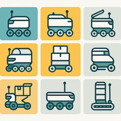 Illustrated collection of robotic transport vehicles showcasing innovative design and functionality in a playful arrangement emphasizing modern logistics and automation concepts