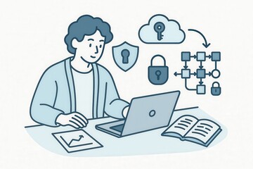 Engaging young professional navigating digital security with cloud technology while exploring cybersecurity concepts through laptop analysis in a modern workspace embodying innovation and