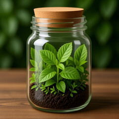 Tarro de cristal transparente con tierra y plantas dentro y un tapón de corcho
