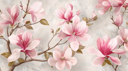 Delicate pink magnolia flowers blooming on a textured background