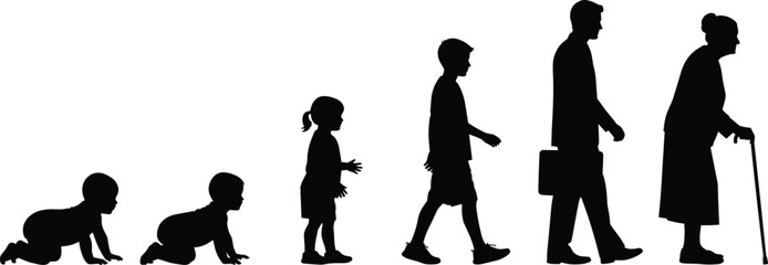 Human life stages silhouette, aging progression, childhood to elderly, growth concept, timeline of life, evolution, development, age transition, profile view